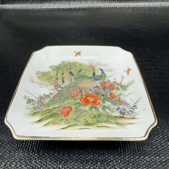 Vintage Otagiri OMC Oriental Square Dish Plate Trinket Holder Peacock Floral VTG - Picture 8 of 11